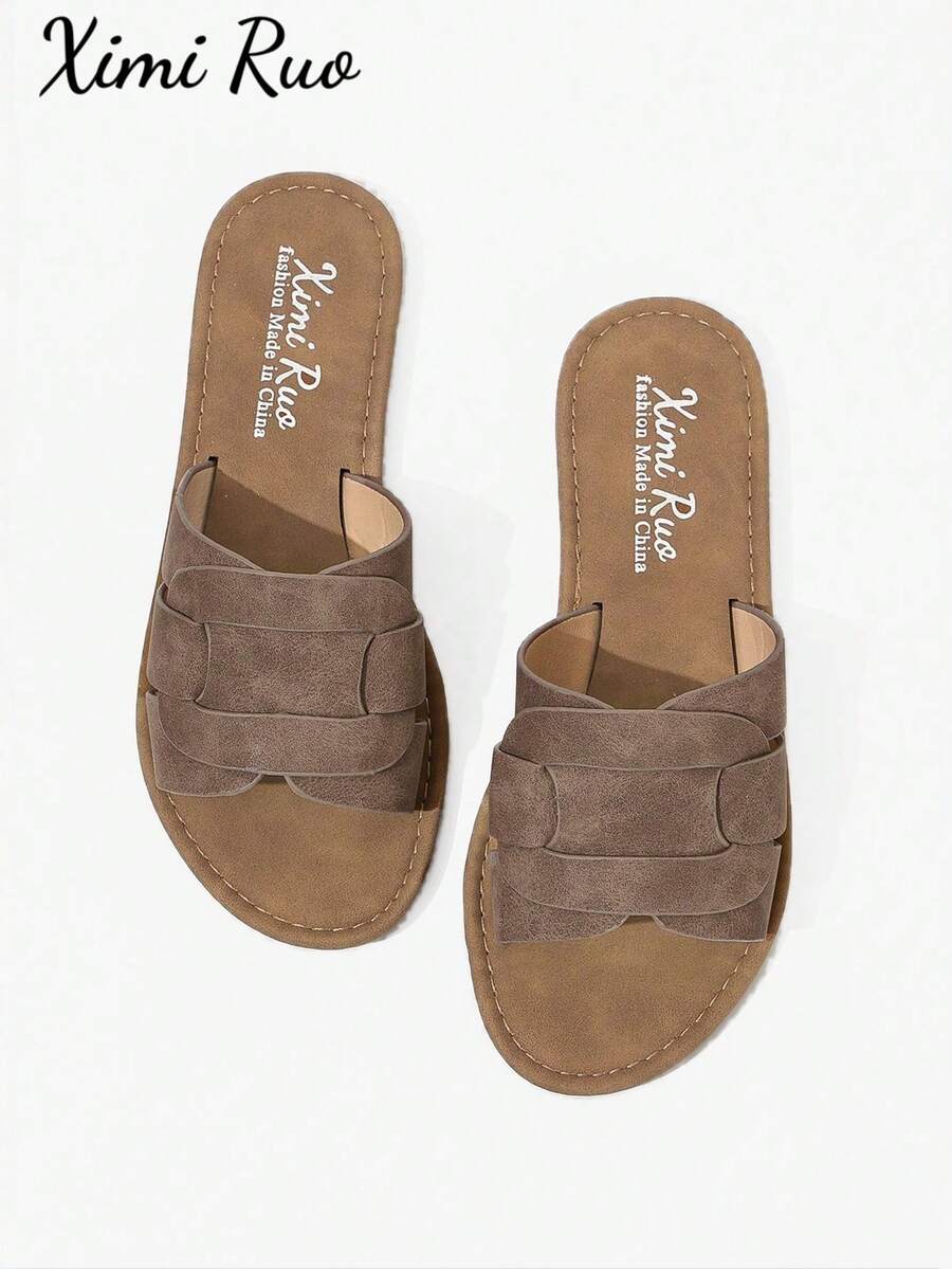 Ximi Ruo Korean Style Casual Flat Slide Sandals, Open Toe, Woven Roman Style, Suitable For Spring, Summer, Beach, Vacation, Dress Matching, Brown Color - Coffee Brown - View 1