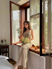 Robe longue sans manches à col licou en tricot crochet pour femmes, avec application étoile de mer, robe tricotée ajustée à haute élasticité - Kaki - Voir 5