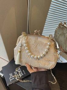 Elegant Women's Handbag With Beaded Embroidery And Fringe, Floral Print, Clutch, Suitable For Evening Party, Wedding, Banquet, Mother's Day Gift, Bridesmaid, Saint - 金色 - 查看 1