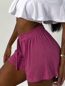 Women's Loose-Fitting High-Waisted Shorts, Comfortable, Lightweight, And Cool, With Elastic Waistband, Viscose/Lycra Knit Fabric, Breeze Style - 甜菜 - 查看 1