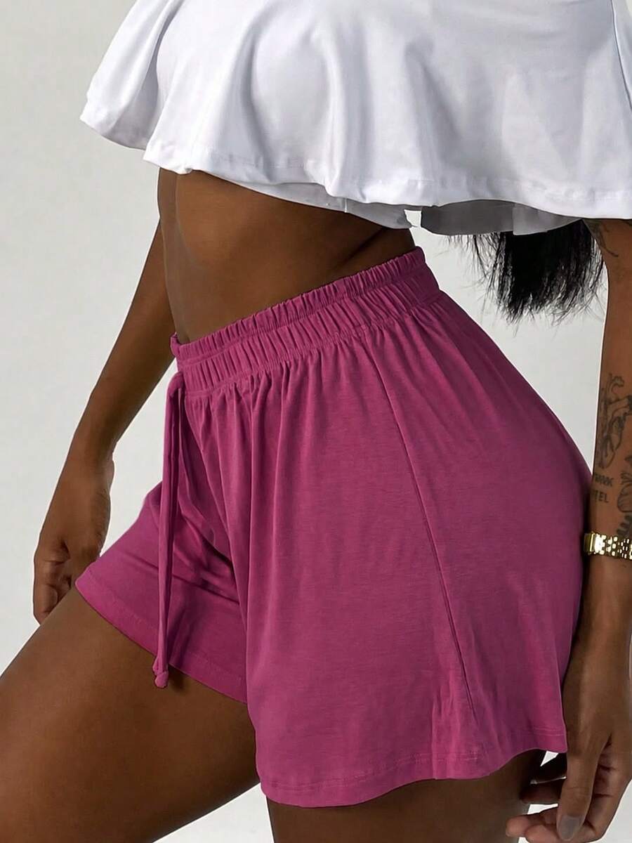 Women's Loose-Fitting High-Waisted Shorts, Comfortable, Lightweight, And Cool, With Elastic Waistband, Viscose/Lycra Knit Fabric, Breeze Style - 甜菜 - 查看 1