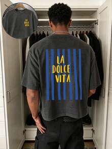 Imprimé 'Sweet Life', T-shirt ajusté d'été pour hommes, vacances, voyage, plage, rassemblement quotidien - Gris foncé - Voir 1