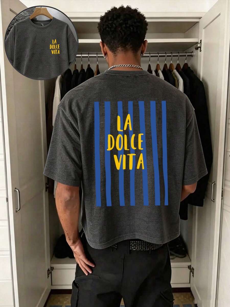 Imprimé 'Sweet Life', T-shirt ajusté d'été pour hommes, vacances, voyage, plage, rassemblement quotidien - Gris foncé - Voir 1