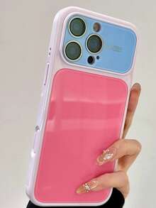 Ins Summer Dopamine Color Block Phone Case Compatible With Iphone 17 Pro Max, 16 Pro Max, 15 Pro, 14, 13 Pro Max, Cream Yellow Full Coverage Shockproof Protective Cover - Pink - View 2