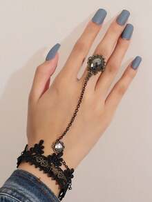 1 Black Gemstone Flower Special Lace Finger Bracelet - Black - View 11