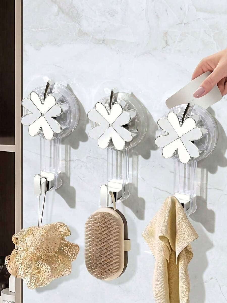 3pcs White Flower Wall-Mounted Suction Cup Hooks, Transparent Drill-Free Bathroom Accessories Storage Rack, Detachable Strong Suction Cup Hooks, Kitchen Accessories Organizer, Room Decor Shelf, Suitable For Living Room, Entryway, Closet - Clear - View 1