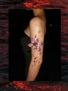 Women's Adjustable Silver Wire Wrapped Upper Arm Cuff, Handmade, Faux Purple Orchid Multi-Color Beaded Arm Accessory, Fairy Floral Exaggerated Arm Band, Bohemian Arm Jewelry - Purple - View 3