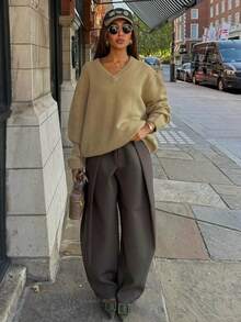 SMILE CHIC 2026 Autumn/Winter New Back To School Season Vintage Versatile Curved Pleated Wide-Leg Pants, Simple Tailored Cut, Height-Enhancing And Slimming - Khaki - View 7