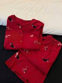 Women's Red Cartoon Puppy Print Pajama Set, Long Sleeve Top With Padded Chest And Long Pants, Cardigan Style Loungewear, New Design, Suitable For Outdoor Wear, Random Print - Red - View 3