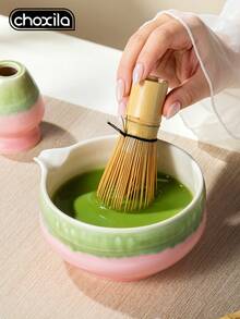 choxila 2pcs Pink-Green Gradient Ceramic Matcha Bowl Set, Includes Tea Whisk Holder, Spout Japanese Tea Bowl, Suitable For Matcha Tea Ceremony - Matcha Two-piece Set - View 5