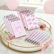 8 Sets Pink Bow Spiral Notebook And Pen Set, Tear-Off Notebook, Memo Pad, Portable Pocket Mini Notebook, Stationery Notebook, Student Prize, Party Gift, Notebook Gift Pack School Supplies - Bow Series - View 4
