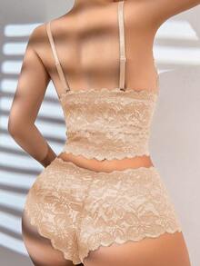 1 Set Women's Longline Wireless Lace Embroidered Floral Bra Set - Apricot - View 3