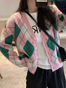 休閒 V 領復古菱格紋針織開襟衫 - 淺粉色 - 查看 4