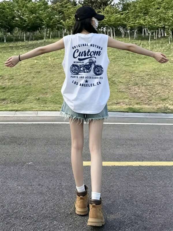 女款時尚寬鬆休閒機車字母印花背心T恤，夏季白色
