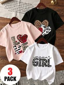 Setelan 3 potong untuk anak perempuan, kasual, motif lucu, kerah bulat, lengan pendek, atasan musim panas. - Berwarna merah muda - View 1
