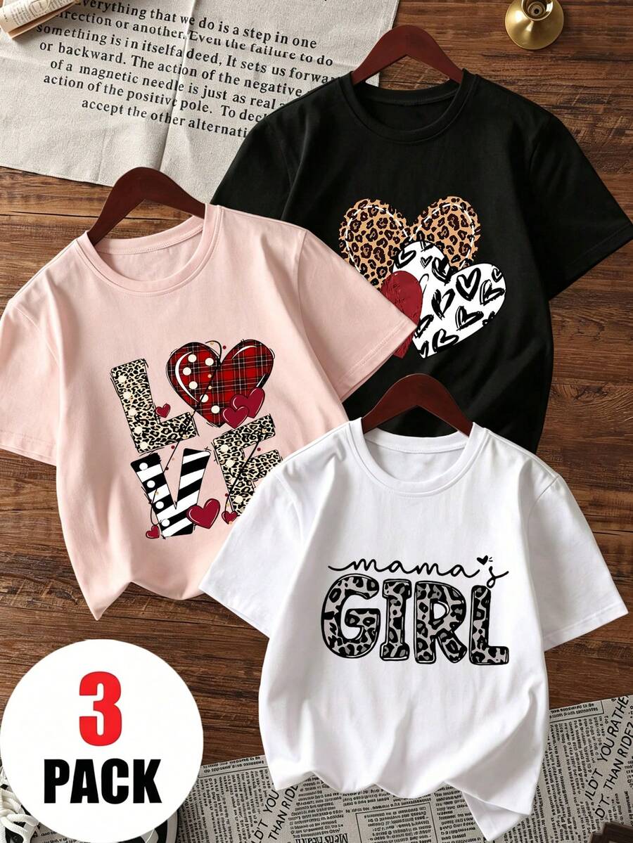 Setelan 3 potong untuk anak perempuan, kasual, motif lucu, kerah bulat, lengan pendek, atasan musim panas. - Berwarna merah muda - View 1