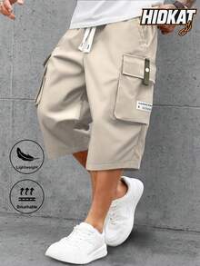 Men's Lightweight Casual Cargo Shorts, Drawstring Waist With Large Pockets And Letter Patch, Fashion Leisure Sports Pants Suitable For Daily Wear & Outdoor Summer - Khaki - View 2
