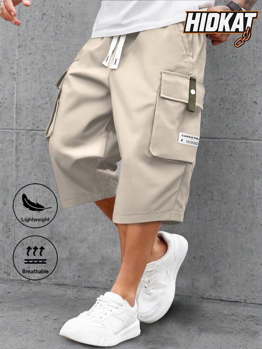 Men's Lightweight Casual Cargo Shorts, Drawstring Waist With Large Pockets And Letter Patch, Fashion Leisure Sports Pants Suitable For Daily Wear & Outdoor Summer
