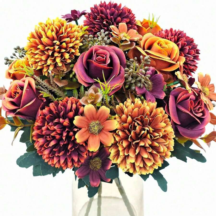 1PC Simulation Autumn Colored Ball Chrysanthemum Rose, Artificial Flower, Realistic Texture, Suitable For Vase, Home, Hotel Room, Wedding Decoration, Table Decoration, Birthday Gift, Autumn Decoration And Other Occasions - Orange - View 1