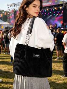 Bolso de Hombro de Lona de Color Sólido para Mujer, Estilo Primavera-Verano, Gran Capacidad, Casual y Tipo Tote - Negro 2 - Ver 2