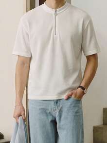 Men's White Waffle Knit Half-Zip Henley T-Shirt, Short Sleeve Casual Top - White - View 1