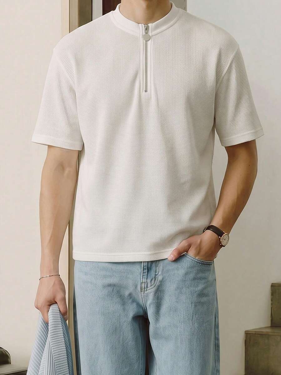 Men's White Waffle Knit Half-Zip Henley T-Shirt, Short Sleeve Casual Top - White - View 1