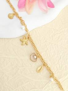 1pc Summer Beach Vacation Style Starfish, Shell, Faux Pearl Anklet - one-size - View 4
