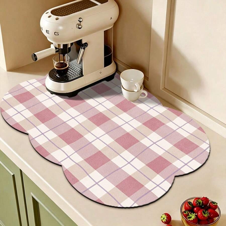 Kitchen Dish Drying Mat, Absorbent Table Mat, Countertop Tableware Mat, No-Wash Dish Drying Mat, Bowl And Plate Drying Mat - Pink Checkered - View 1