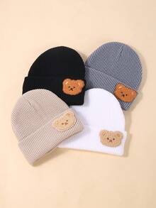 1/4pcs Baby Cute Plush Bear Knitted Hat, Autumn/Winter Warm Ribbed Knit Hat, Unisex Infant Toddler, Soft Breathable Elastic Cuffed Hat, - Multicolor - View 5