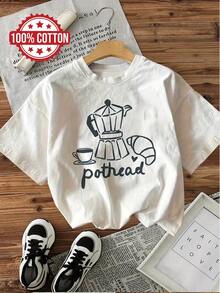Camiseta Casual de Manga Corta y Cuello Redondo con Estampado de Cafetera y Tazas,% Algodón, Talla, Adecuada para Verano y Primavera, Ropa de Mujer, Camiseta de Verano - Blanco - Ver 1