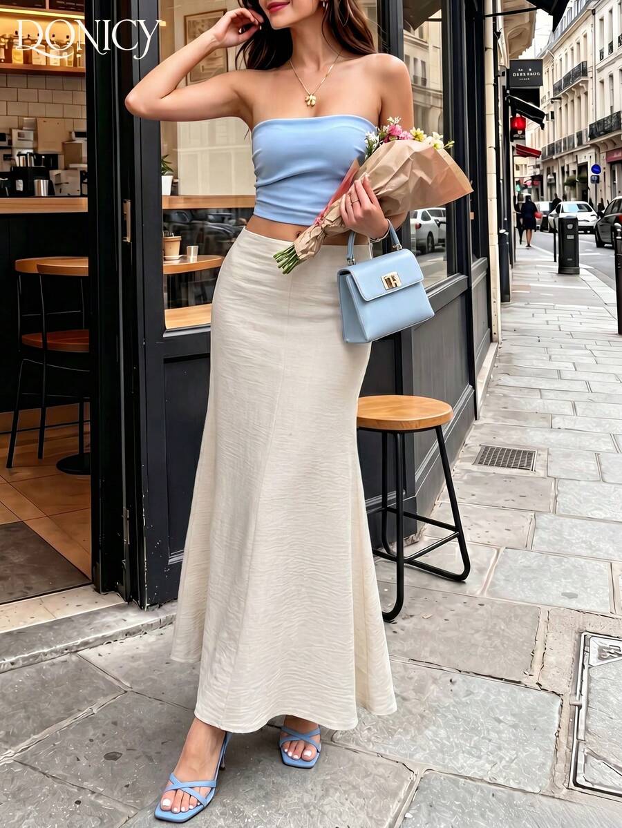 DONICY Women's Ivory High Waist Slim Fit Mermaid Long Dress, Textured Fabric, Suitable For Office And Party Wear - Apricot - View 1