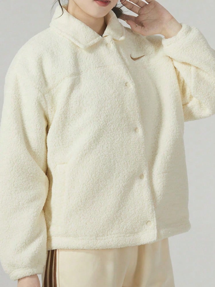 Nike Comfortable And Versatile Solid Color Logo Single-Breasted Fleece Casual Jacket For Women, Off-White - Off White - View 1