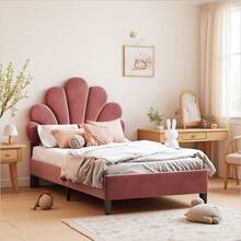 Cama infantil tapizada de 90 x 200 cm, cabecero ajustable, estructura de cama con cabecero en forma de flor y somier de láminas, cama para adolescente en tejido de terciopelo suave al tacto, cama de invitados, beige/rojo - Burdeos - Ver 1