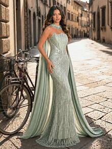 LUVISTRUE Women's Romantic Charming Strapless Mermaid Backless Formal Evening Gown, Suitable For Wedding Guest, Prom, Homecoming, Cocktail Party, Graduation Ceremony, Gala, Long Dress - Grass Green - View 5