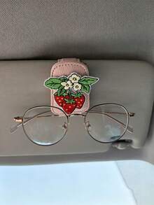 Strawberry Embroidered Car Glasses Clip, Car Sun Visor Fashion Glasses Holder, Multi-Function Ticket Clip, Car Interior Decoration, Pink Leather Strawberry Car Glasses Clip, Universal Sun Visor Fashion Glasses Holder, Girly Car Interior Accessory - Strawberry - View 11