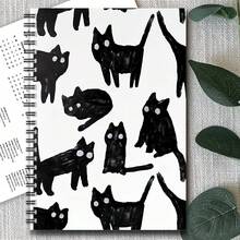 1pc A5 Size Cute Cat Spiral Notebook - Japanese Manga Style Plush Diary, Black & White Cat Face, Heart & Star Pattern, Suitable For School And Office Planner - Gift For Cat Lovers - Multicolor - View 4