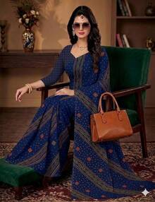 Estationeryhouse Bandhani Diagonal Print With Unstitched Blouse Piece - Navy Blue - View 2