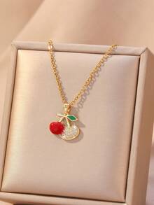 1 pieza Collar vintage lindo de cereza y fresa colorida con circonita, artesanía de esmalte - Regalo de Navidad, Día de San Valentín, Día de la Madre, adecuado para el uso diario de las mujeres o para ocasiones de fiesta, se puede combinar con colgante, collar de acero inoxidable, collar estilo Y2K, collar de oro para mujer, collar para mujer - Multicolor - Ver 5