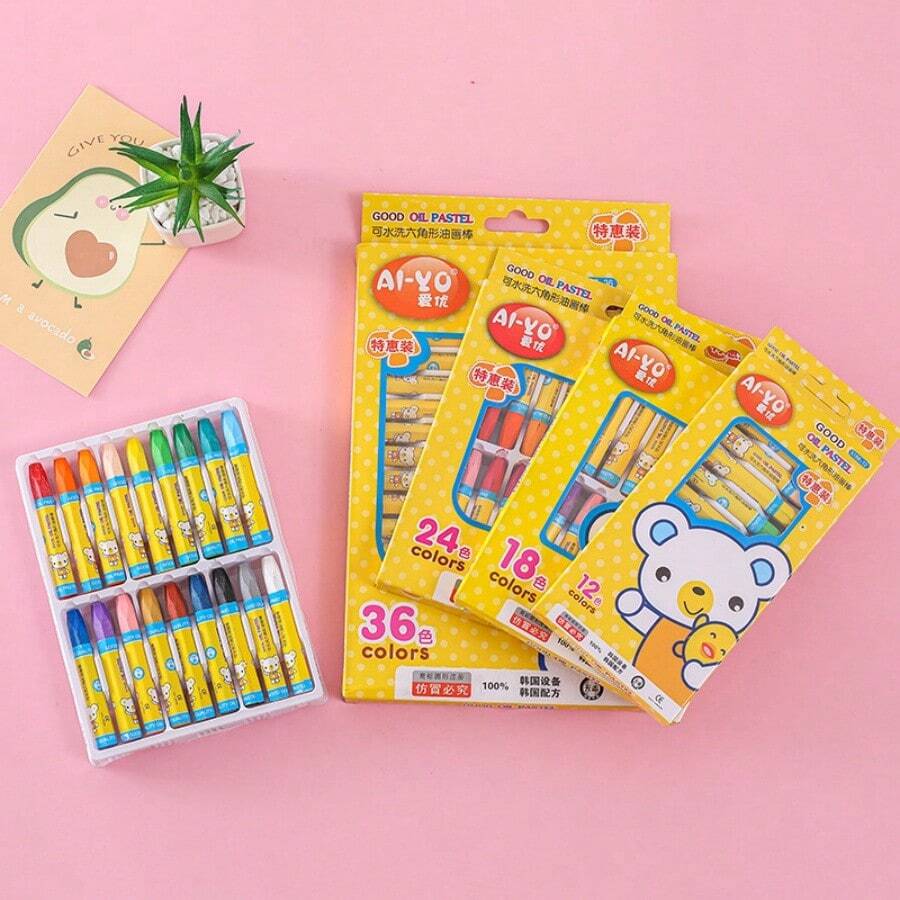 3 piezas de crayones de pastel al óleo con dibujos animados, 12 colores 18 colores 24 colores 36 colores, crayones de cera para pintura y arte - Multicolor - Ver 1