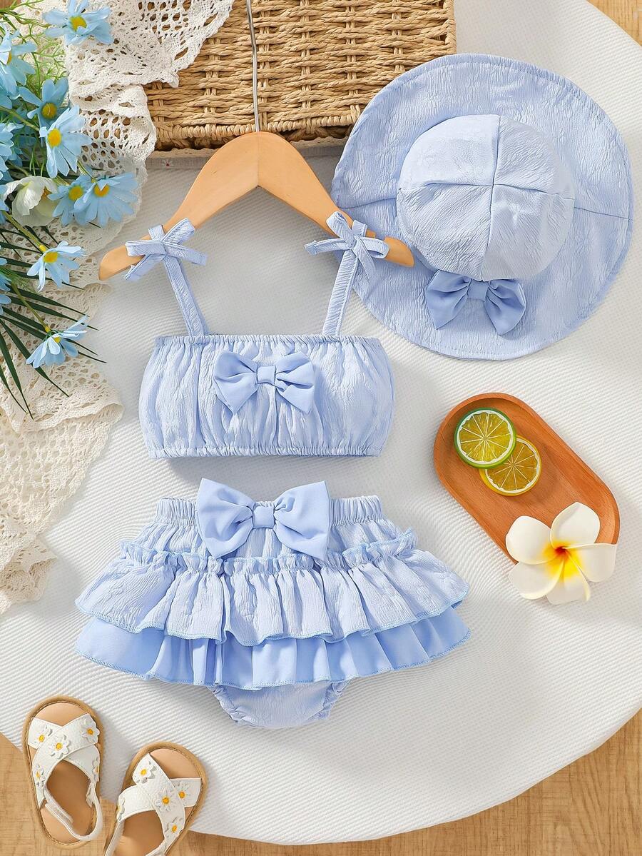Sweet Style Woven Floral Print All-Over Print Camisole With Bow Decor Triangle Spaghetti Strap Dress Elastic Waist Vacation Cake Layered Skirt Girls Set And Hat Set Summer Daily Wear - Baby Blue - View 1
