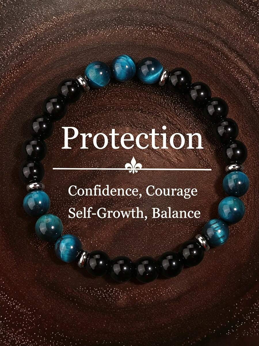 YAUKIA 8mm Natural Blue Tiger Eye Men's Protection Bracelet - Healing, Courage, Self-Confidence, Meditation Spirit Jewelry Gifts For Women Men - Multicolor - View 1