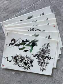 Waterproof Temporary Tattoo Sticker, 1pc Snake & Floral Pattern Paper Tattoo Sticker, Animal Pattern Sticker, Multi-Functional Unisex Body Art Waterproof Sweat-Resistant Fake Tattoo, Suitable For Your Arms, Chest, Abdomen And Back Easy To Apply And Remove - Black - View 11