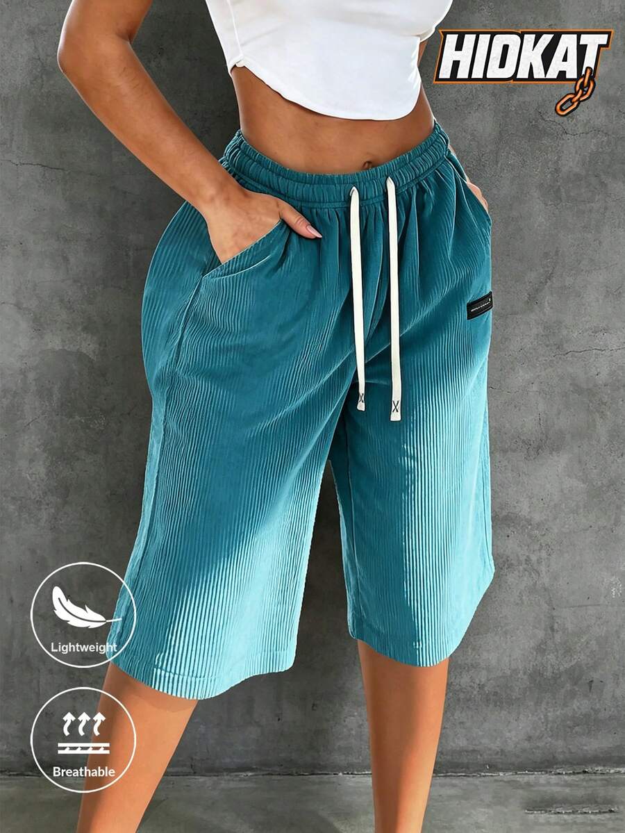 Hidkat Women's Capris Summer Lightweight Breathable Corduroy Texture Fabric Casual 3/4 Length Pants With Drawstring Waist And Back Pocket Design, Fashionable Shorts For Dating, Work, Vacation, Shopping And Daily Wear