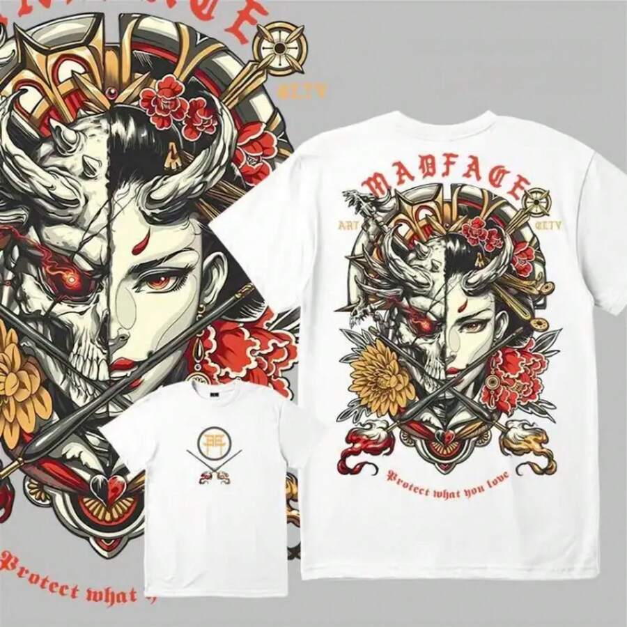 Unisex Black T-Shirt 100% Unwashed Cotton, A320 Geisha Design With Hannya Mask, Anime And Samurai Style, Streetwear Aesthetic Fashion, Casual Wear For Men And Women, Perfect For Use - 鏽棕色 - 查看 1