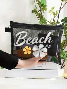 This Beach Mesh Bag Printed With "Beach" Is A Portable Makeup Bag That Can Store Lipsticks And Cushion Powder Puffs, Full Of Coastal Charm And Summer Vibes. Transparent Large Capacity Travel Cosmetic Storage Bag, Hawaiian Style Mesh Makeup Bag, Ideal For Beach Vacation, Shopping, Leisure Travel, Fitness, Mother's Day Gift, Valentine's Day Gift, Teacher's Day Gift, Women's Travel, Short Trip And Daily Travel. - Multicolor - View 6