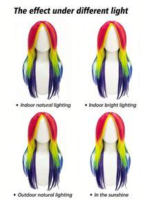 Rainbow Gradient Layered Wolf Tail Long Wig, Color Block Patchwork Choppy Cut, Eye-Catching Personalized Styling Headpiece For EDM Festival, Nightclub, Rave, Anime Convention, Party, Photoshoot - View 10