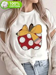 1pc bua de ujer bua bonita para ujere conjunto para ujer bua de ujer en oferta anzana ecoar T hirt 1apado de anzana con azo y ápiz ipreión de ata caidad en cueo ondo corte báico hoado hobre - Blanco - Ver 1