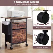 COSTWAY 2-Drawer Mobile File Cabinet, Rolling Printer Stand With Extended Tabletop, Open Storage Shelf, Side Bag, Under Desk Vertical Filing Cabinet On Wheels, Storage Organizer For Home Office, Rustic Brown - Brown - View 5