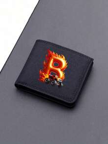 1pc Back To School Mini Cute Cartoon Personalized Fun 26 Excavator Construction Vehicle Flame Letter Print Bifold Wallet, Multiple Card Slots Inside, Can Hold Bank Cards, ID Cards, Cash, Meets Daily Travel Storage Needs. Suitable As Fan Gift, Birthday Small Gift. - Black - View 5