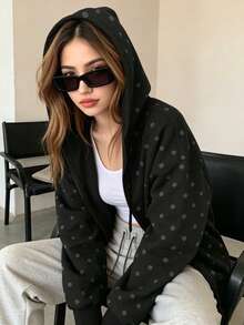 Vintage Autumn/Winter Polka Dot Women's Sports Sweatshirt Jacket, Autumn/Winter Essential Thermal Fabric With Pockets Fall - Multicolor - View 6